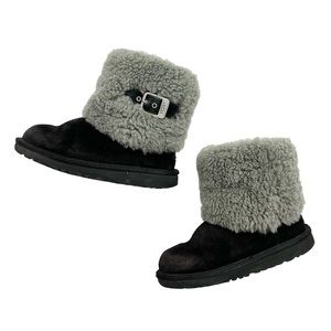 UGG Ellee Black Suede Boots With Gray Sheepskin Cuffs